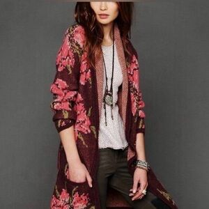 Free People flower power Floral Knit Cardigan in Pink and Brown